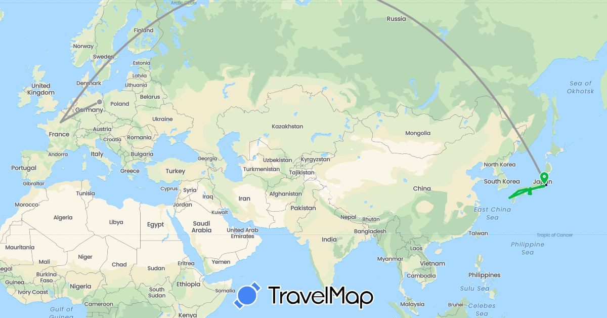 TravelMap itinerary: driving, bus, plane, hiking in Germany, France, Japan (Asia, Europe)